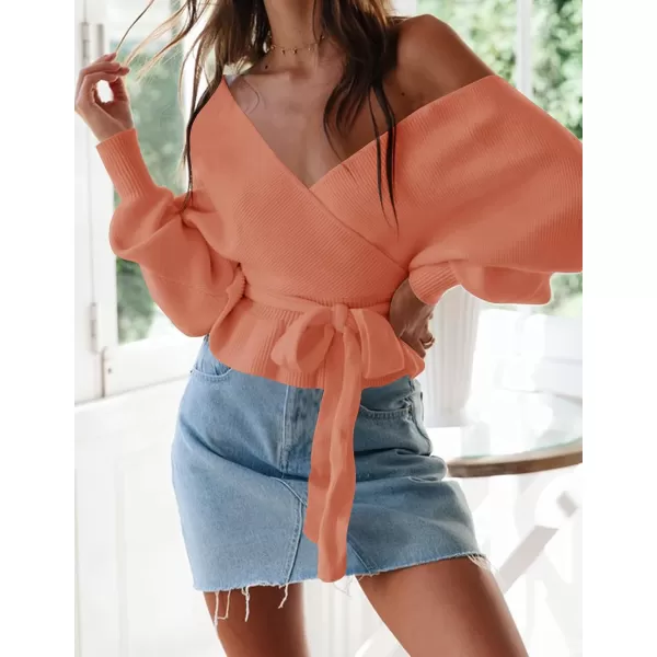 imageZESICA Womens 2024 Fall Wrap V Neck Long Batwing Sleeve Belted Waist Ruffle Knitted Sweater Pullover TopPeach