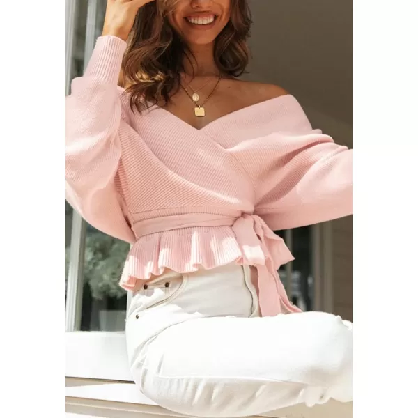 imageZESICA Womens 2024 Fall Wrap V Neck Long Batwing Sleeve Belted Waist Ruffle Knitted Sweater Pullover TopPink