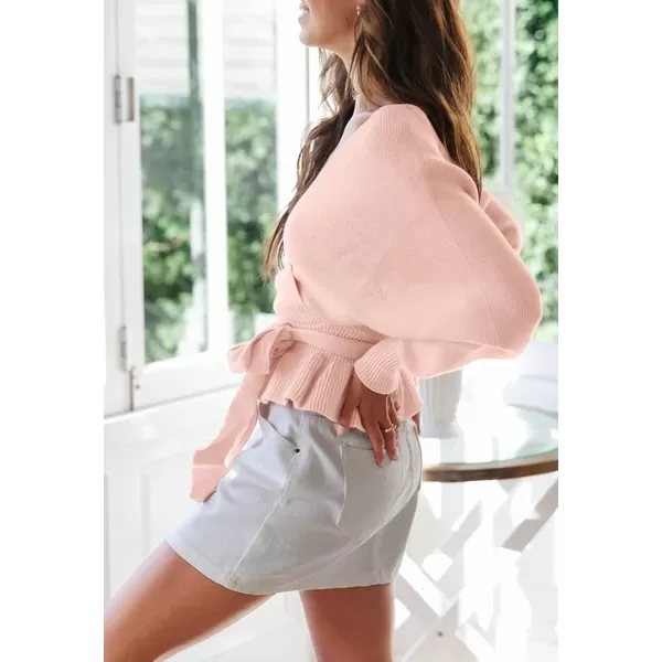 imageZESICA Womens 2024 Fall Wrap V Neck Long Batwing Sleeve Belted Waist Ruffle Knitted Sweater Pullover TopPink