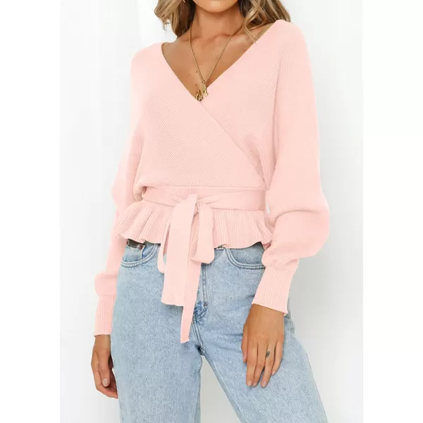 imageZESICA Womens 2024 Fall Wrap V Neck Long Batwing Sleeve Belted Waist Ruffle Knitted Sweater Pullover TopPink