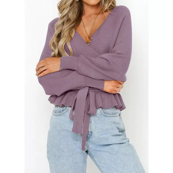 imageZESICA Womens 2024 Fall Wrap V Neck Long Batwing Sleeve Belted Waist Ruffle Knitted Sweater Pullover TopPurple