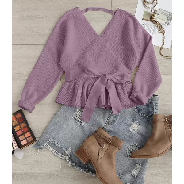 imageZESICA Womens 2024 Fall Wrap V Neck Long Batwing Sleeve Belted Waist Ruffle Knitted Sweater Pullover TopPurple