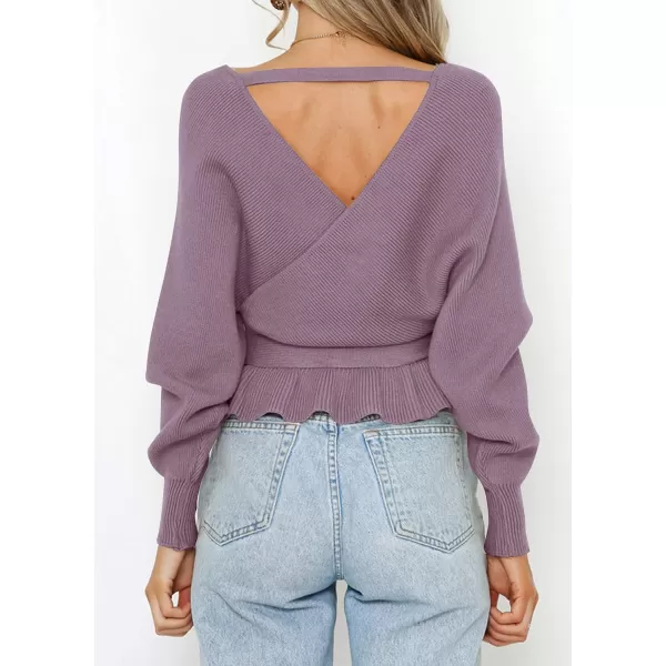imageZESICA Womens 2024 Fall Wrap V Neck Long Batwing Sleeve Belted Waist Ruffle Knitted Sweater Pullover TopPurple