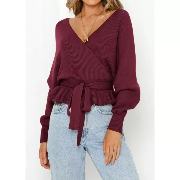 imageZESICA Womens 2024 Fall Wrap V Neck Long Batwing Sleeve Belted Waist Ruffle Knitted Sweater Pullover TopWine