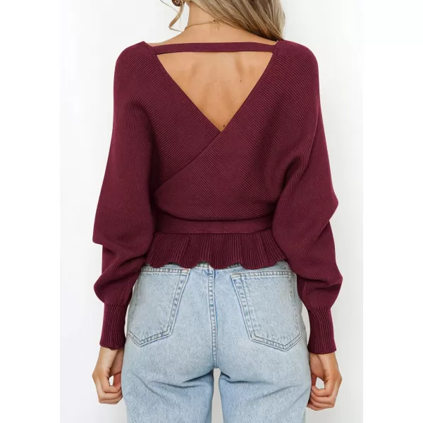 imageZESICA Womens 2024 Fall Wrap V Neck Long Batwing Sleeve Belted Waist Ruffle Knitted Sweater Pullover TopWine