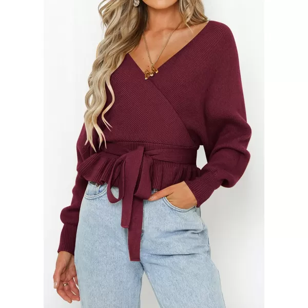 imageZESICA Womens 2024 Fall Wrap V Neck Long Batwing Sleeve Belted Waist Ruffle Knitted Sweater Pullover TopWine
