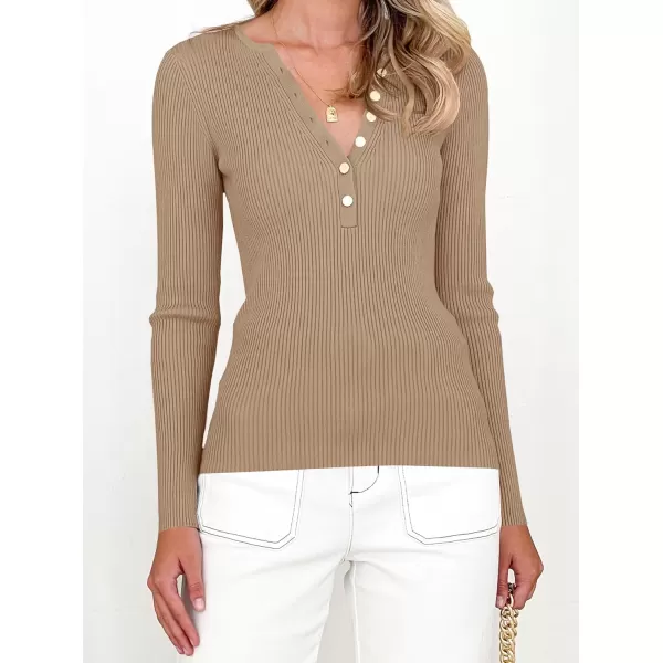 imageZESICA Womens 2024 Long Sleeve Button Down V Neck Slim Fitted T Shirts Fall Casual Ribbed Knit Basic Tee TopsKhaki