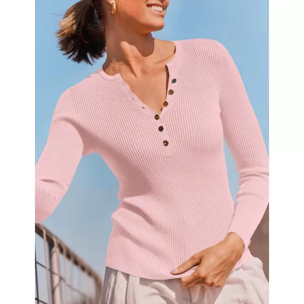 imageZESICA Womens 2024 Long Sleeve Button Down V Neck Slim Fitted T Shirts Fall Casual Ribbed Knit Basic Tee TopsPink