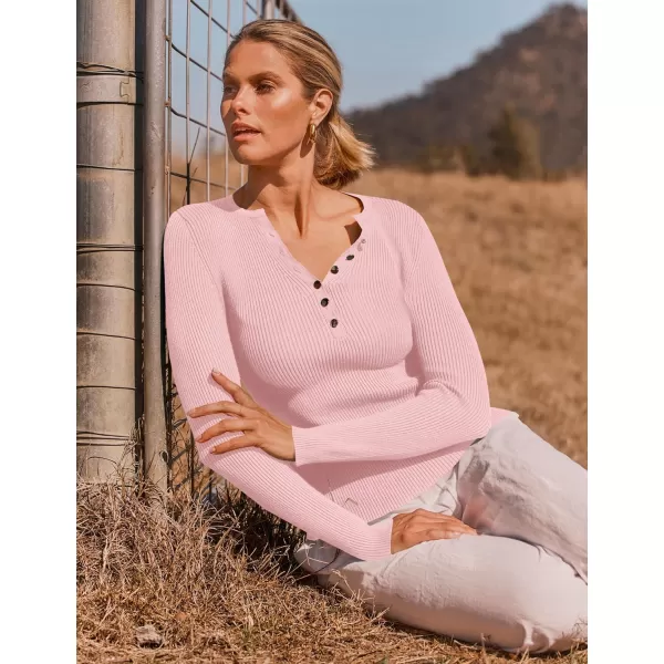 imageZESICA Womens 2024 Long Sleeve Button Down V Neck Slim Fitted T Shirts Fall Casual Ribbed Knit Basic Tee TopsPink