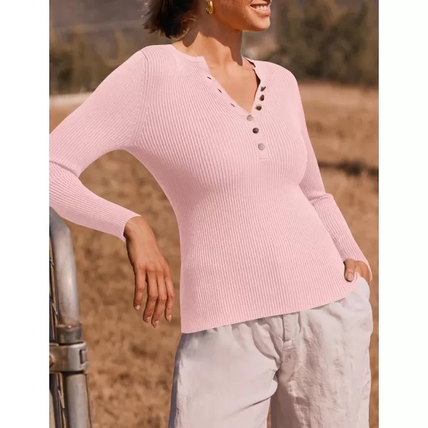 imageZESICA Womens 2024 Long Sleeve Button Down V Neck Slim Fitted T Shirts Fall Casual Ribbed Knit Basic Tee TopsPink