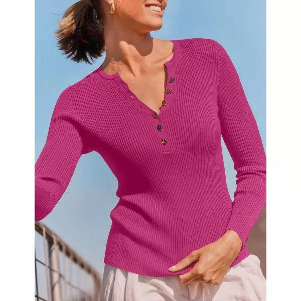 imageZESICA Womens 2024 Long Sleeve Button Down V Neck Slim Fitted T Shirts Fall Casual Ribbed Knit Basic Tee TopsRose