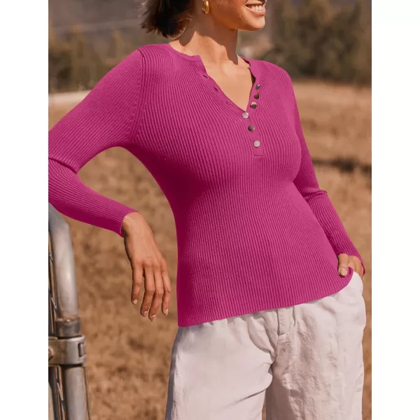 imageZESICA Womens 2024 Long Sleeve Button Down V Neck Slim Fitted T Shirts Fall Casual Ribbed Knit Basic Tee TopsRose