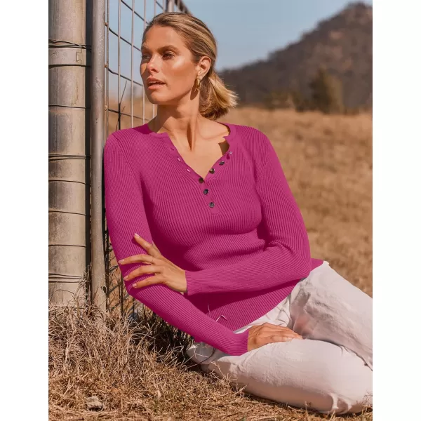 imageZESICA Womens 2024 Long Sleeve Button Down V Neck Slim Fitted T Shirts Fall Casual Ribbed Knit Basic Tee TopsRose