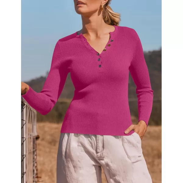 imageZESICA Womens 2024 Long Sleeve Button Down V Neck Slim Fitted T Shirts Fall Casual Ribbed Knit Basic Tee TopsRose