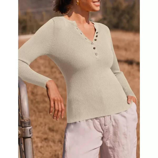 imageZESICA Womens 2024 Long Sleeve Button Down V Neck Slim Fitted T Shirts Fall Casual Ribbed Knit Basic Tee TopsSand