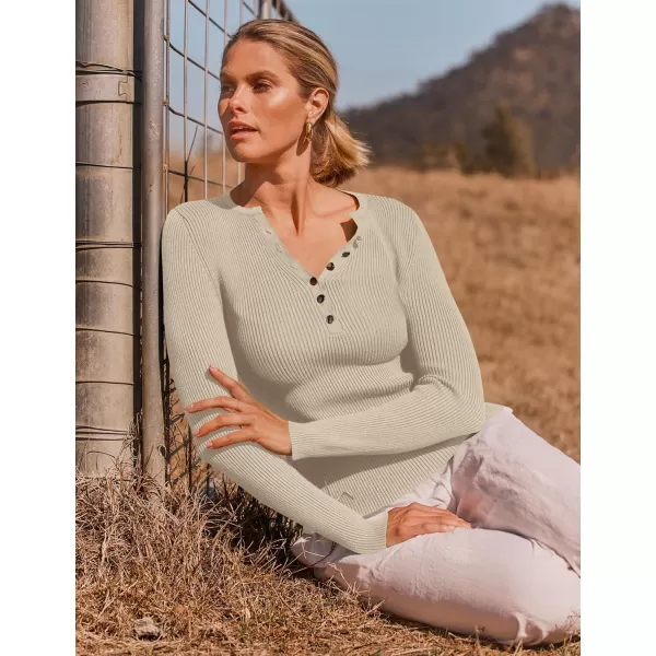 imageZESICA Womens 2024 Long Sleeve Button Down V Neck Slim Fitted T Shirts Fall Casual Ribbed Knit Basic Tee TopsSand
