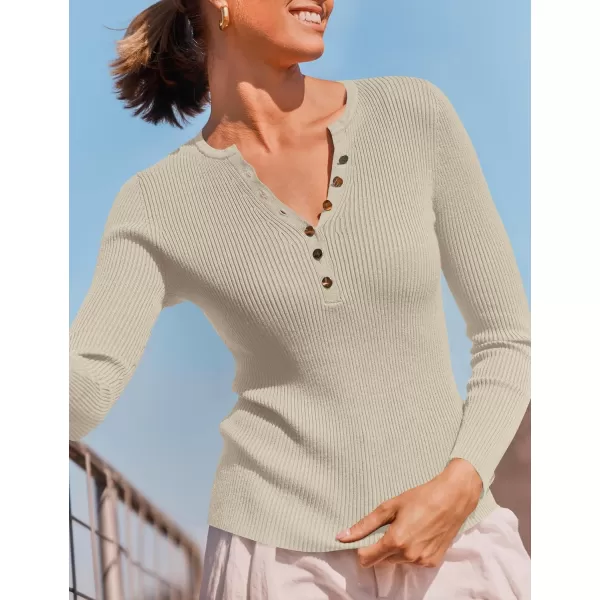 imageZESICA Womens 2024 Long Sleeve Button Down V Neck Slim Fitted T Shirts Fall Casual Ribbed Knit Basic Tee TopsSand