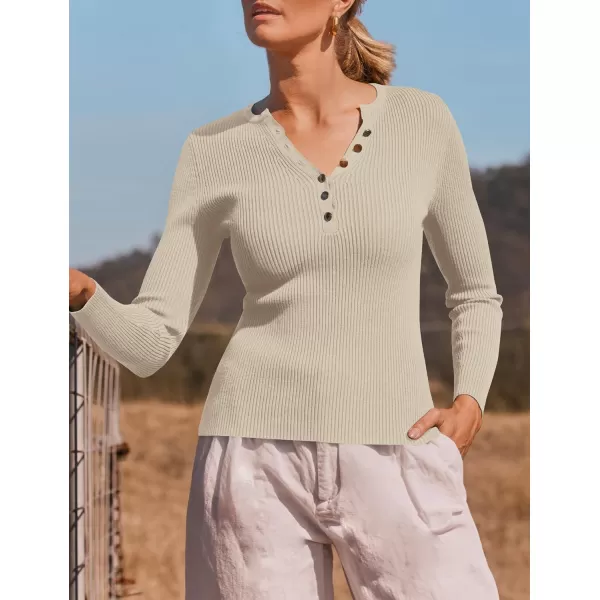 imageZESICA Womens 2024 Long Sleeve Button Down V Neck Slim Fitted T Shirts Fall Casual Ribbed Knit Basic Tee TopsSand