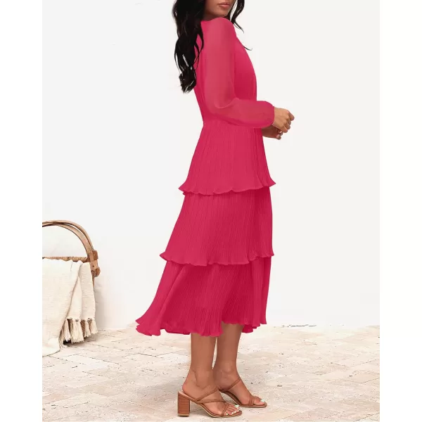 imageZESICA Womens 2024 Long Sleeve Crew Neck Ruffle Tiered Layered Chiffon Flowy Swing Long Midi DressRose