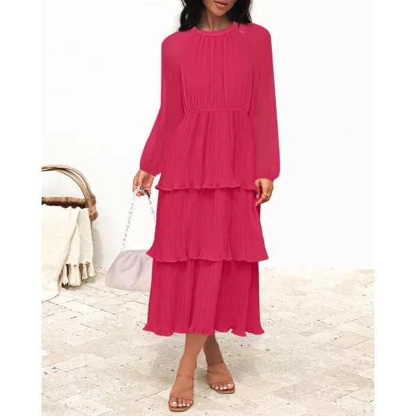 imageZESICA Womens 2024 Long Sleeve Crew Neck Ruffle Tiered Layered Chiffon Flowy Swing Long Midi DressRose