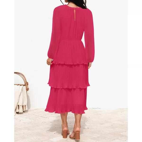 imageZESICA Womens 2024 Long Sleeve Crew Neck Ruffle Tiered Layered Chiffon Flowy Swing Long Midi DressRose