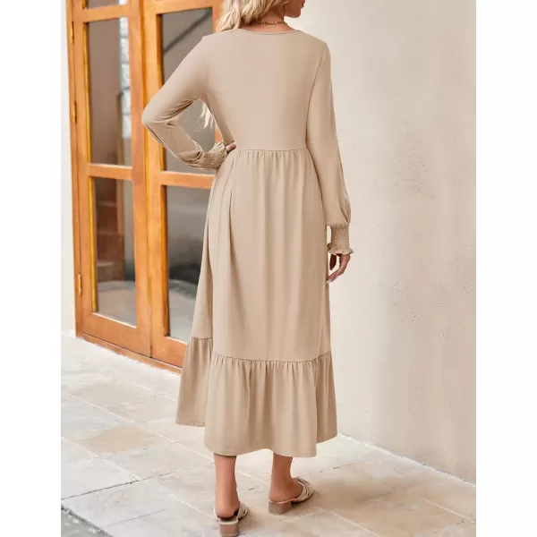 imageZESICA Womens 2024 Long Sleeve Dress Crewneck Casual Loose Pleated Tiered Swing Maxi Dresses with PocketsApricot