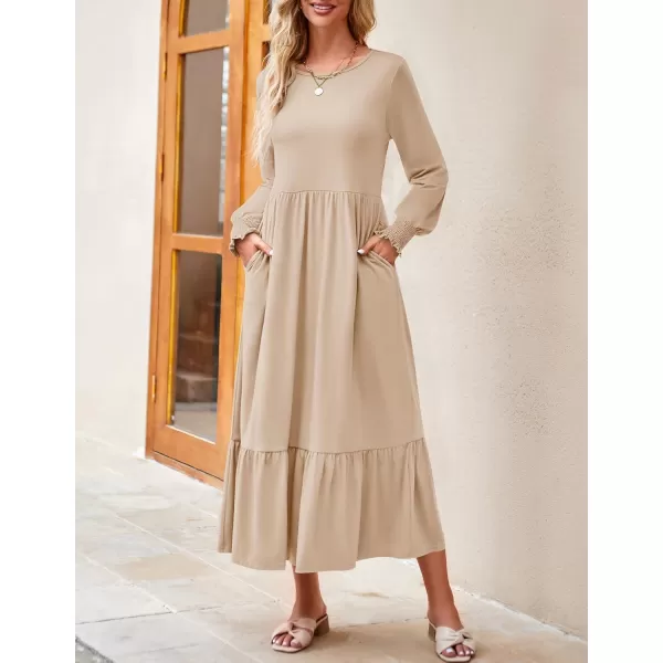 imageZESICA Womens 2024 Long Sleeve Dress Crewneck Casual Loose Pleated Tiered Swing Maxi Dresses with PocketsApricot