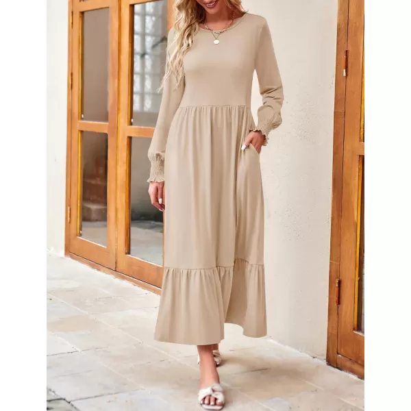 imageZESICA Womens 2024 Long Sleeve Dress Crewneck Casual Loose Pleated Tiered Swing Maxi Dresses with PocketsApricot