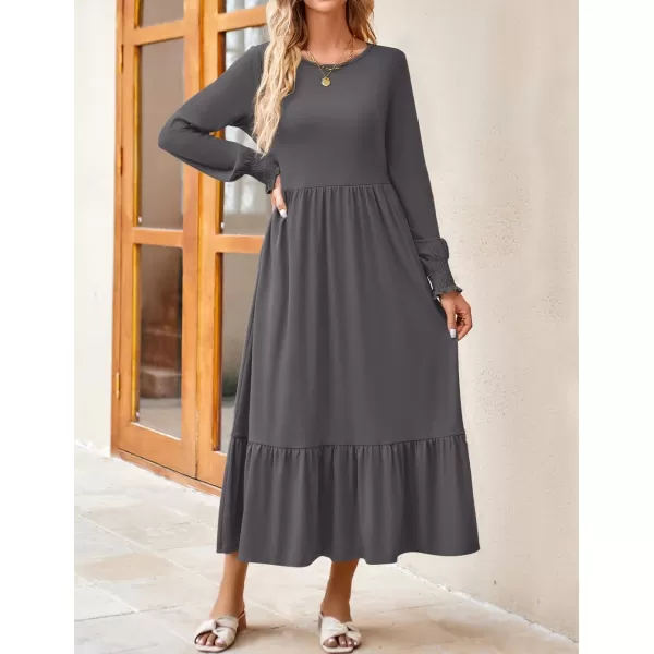 imageZESICA Womens 2024 Long Sleeve Dress Crewneck Casual Loose Pleated Tiered Swing Maxi Dresses with PocketsDarkgrey