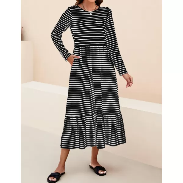 imageZESICA Womens 2024 Long Sleeve Dress Crewneck Casual Loose Pleated Tiered Swing Maxi Dresses with PocketsDim