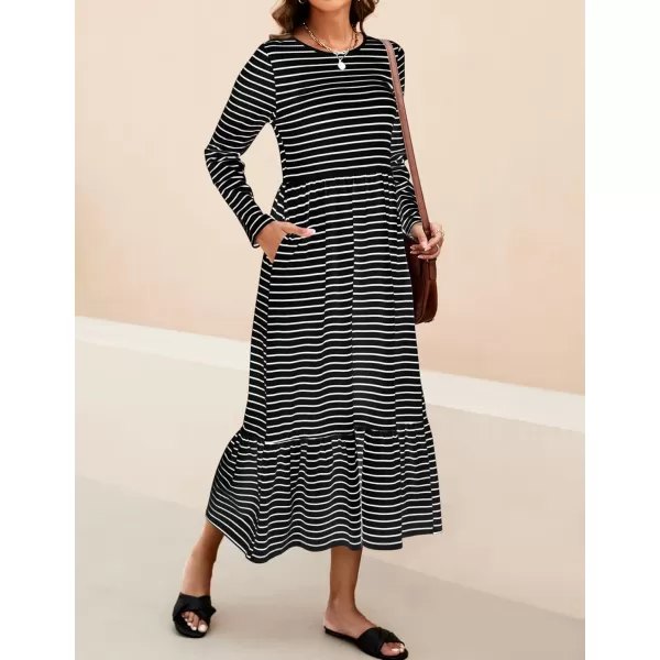 imageZESICA Womens 2024 Long Sleeve Dress Crewneck Casual Loose Pleated Tiered Swing Maxi Dresses with PocketsDim