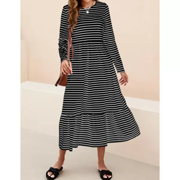 imageZESICA Womens 2024 Long Sleeve Dress Crewneck Casual Loose Pleated Tiered Swing Maxi Dresses with PocketsDim