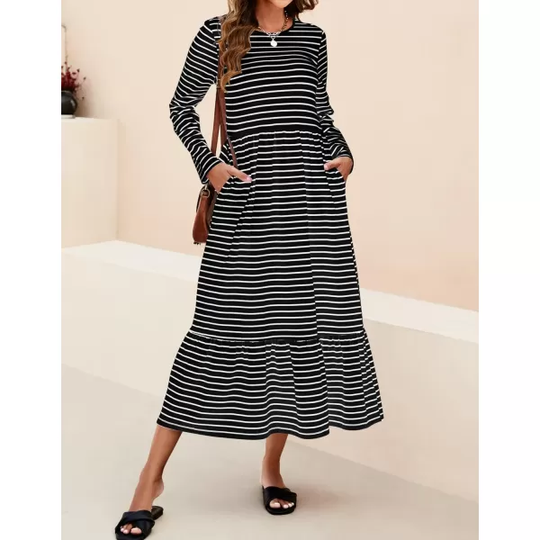 imageZESICA Womens 2024 Long Sleeve Dress Crewneck Casual Loose Pleated Tiered Swing Maxi Dresses with PocketsDim