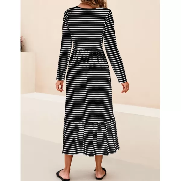 imageZESICA Womens 2024 Long Sleeve Dress Crewneck Casual Loose Pleated Tiered Swing Maxi Dresses with PocketsDim