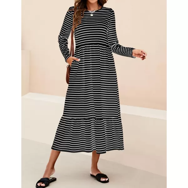 imageZESICA Womens 2024 Long Sleeve Dress Crewneck Casual Loose Pleated Tiered Swing Maxi Dresses with PocketsDim