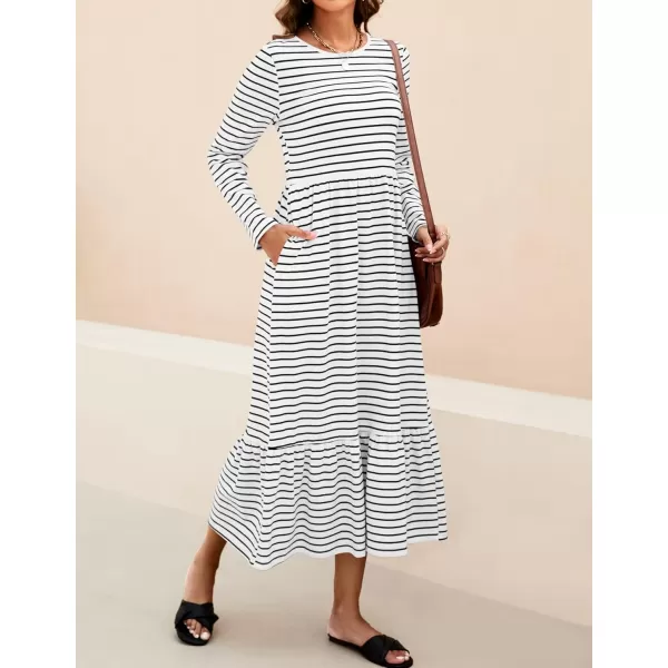 imageZESICA Womens 2024 Long Sleeve Dress Crewneck Casual Loose Pleated Tiered Swing Maxi Dresses with PocketsIvory