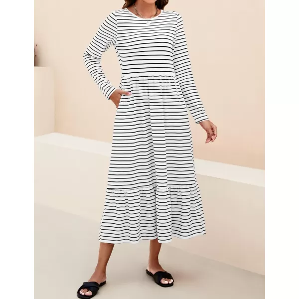 imageZESICA Womens 2024 Long Sleeve Dress Crewneck Casual Loose Pleated Tiered Swing Maxi Dresses with PocketsIvory