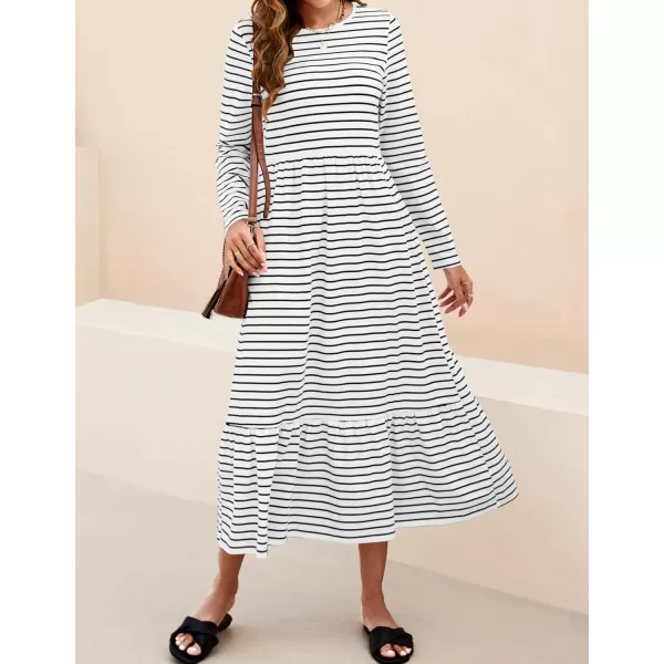 imageZESICA Womens 2024 Long Sleeve Dress Crewneck Casual Loose Pleated Tiered Swing Maxi Dresses with PocketsIvory