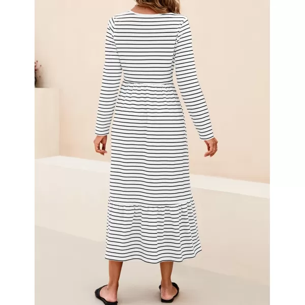 imageZESICA Womens 2024 Long Sleeve Dress Crewneck Casual Loose Pleated Tiered Swing Maxi Dresses with PocketsIvory