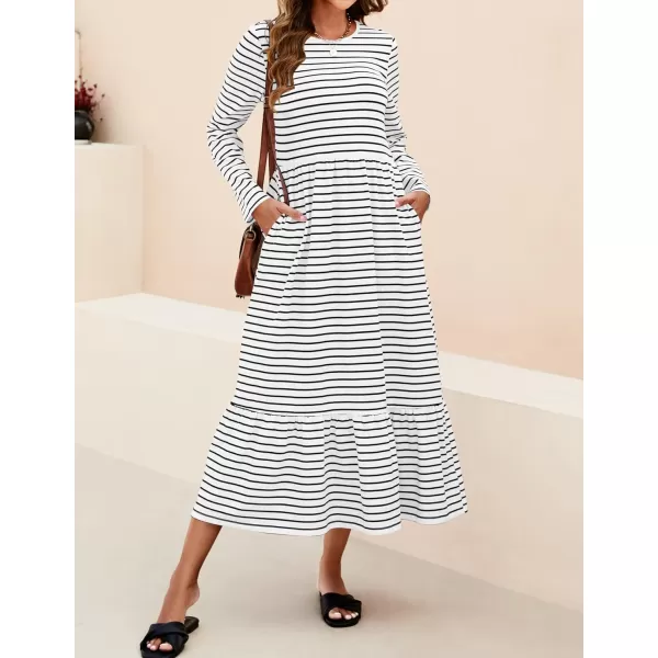imageZESICA Womens 2024 Long Sleeve Dress Crewneck Casual Loose Pleated Tiered Swing Maxi Dresses with PocketsIvory