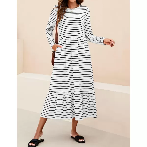 imageZESICA Womens 2024 Long Sleeve Dress Crewneck Casual Loose Pleated Tiered Swing Maxi Dresses with PocketsIvory