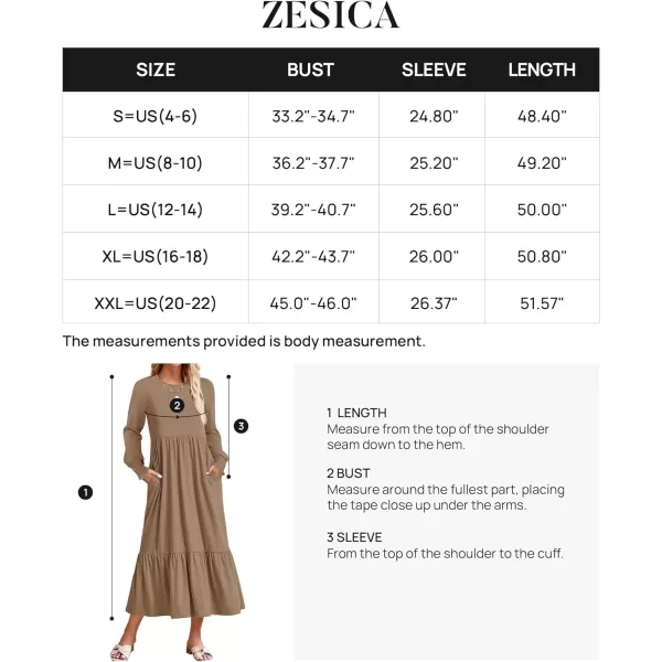 imageZESICA Womens 2024 Long Sleeve Dress Crewneck Casual Loose Pleated Tiered Swing Maxi Dresses with PocketsKhaki