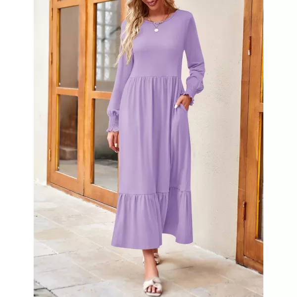 imageZESICA Womens 2024 Long Sleeve Dress Crewneck Casual Loose Pleated Tiered Swing Maxi Dresses with PocketsPurple