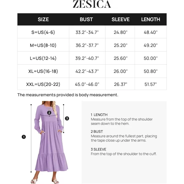 imageZESICA Womens 2024 Long Sleeve Dress Crewneck Casual Loose Pleated Tiered Swing Maxi Dresses with PocketsPurple