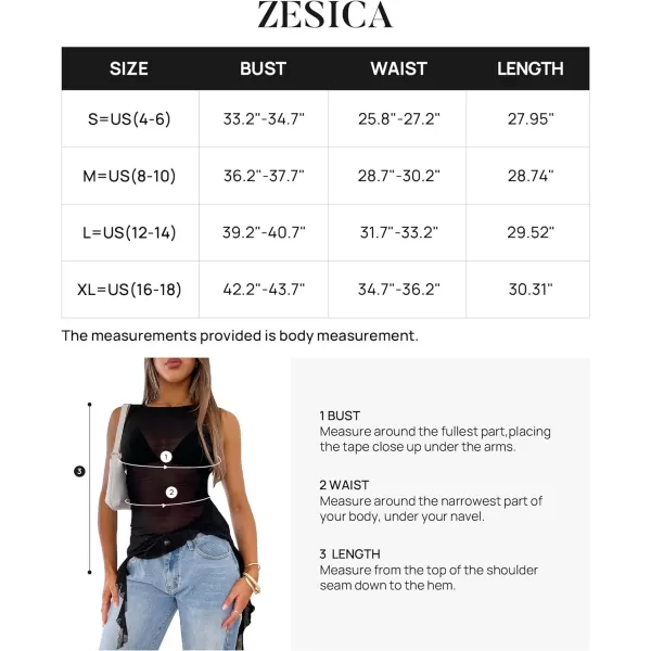 imageZESICA Womens 2024 Mesh Sheer Long Tank Tops Sexy See Through Asymmetrical Ruffle Layering Sleeveless ShirtsBlack
