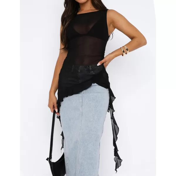 imageZESICA Womens 2024 Mesh Sheer Long Tank Tops Sexy See Through Asymmetrical Ruffle Layering Sleeveless ShirtsBlack