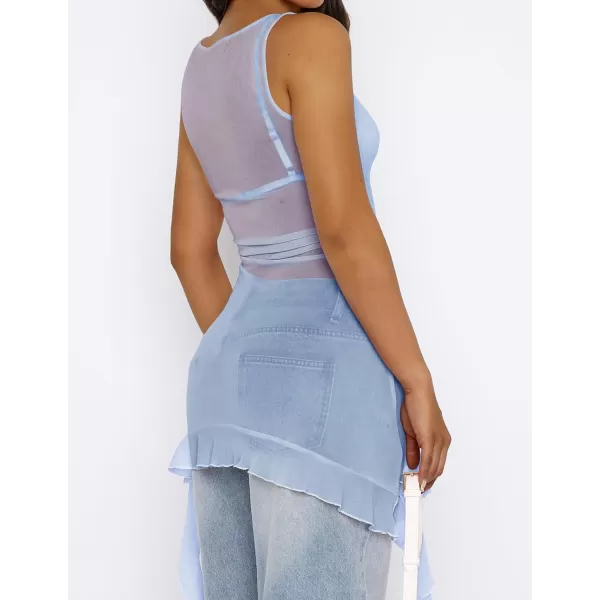 imageZESICA Womens 2024 Mesh Sheer Long Tank Tops Sexy See Through Asymmetrical Ruffle Layering Sleeveless ShirtsBlue