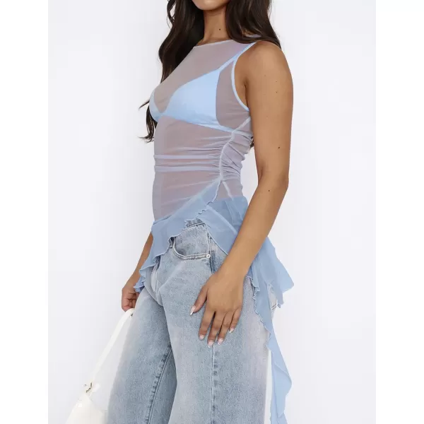 imageZESICA Womens 2024 Mesh Sheer Long Tank Tops Sexy See Through Asymmetrical Ruffle Layering Sleeveless ShirtsBlue