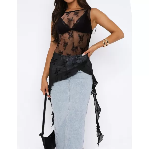 imageZESICA Womens 2024 Mesh Sheer Long Tank Tops Sexy See Through Asymmetrical Ruffle Layering Sleeveless ShirtsCarbon