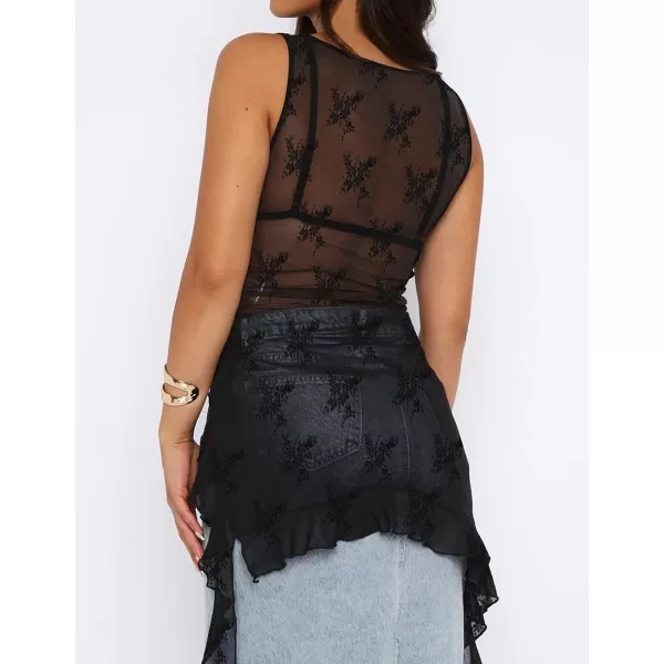 imageZESICA Womens 2024 Mesh Sheer Long Tank Tops Sexy See Through Asymmetrical Ruffle Layering Sleeveless ShirtsCarbon